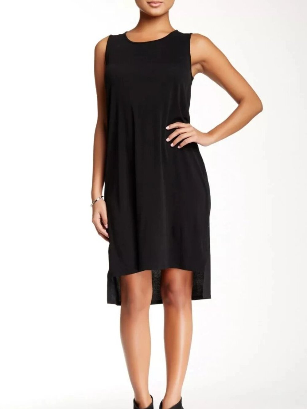 Eileen Fisher Black High-Low Silk Jersey Dress L Stepped Hem, Splits, Washable